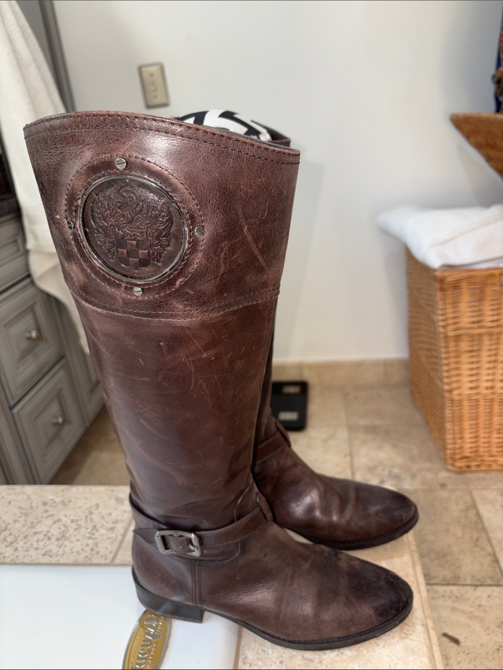 Vince Camuto distressed Leather Riding Boots in Dark Brown - Classic Tall Boot